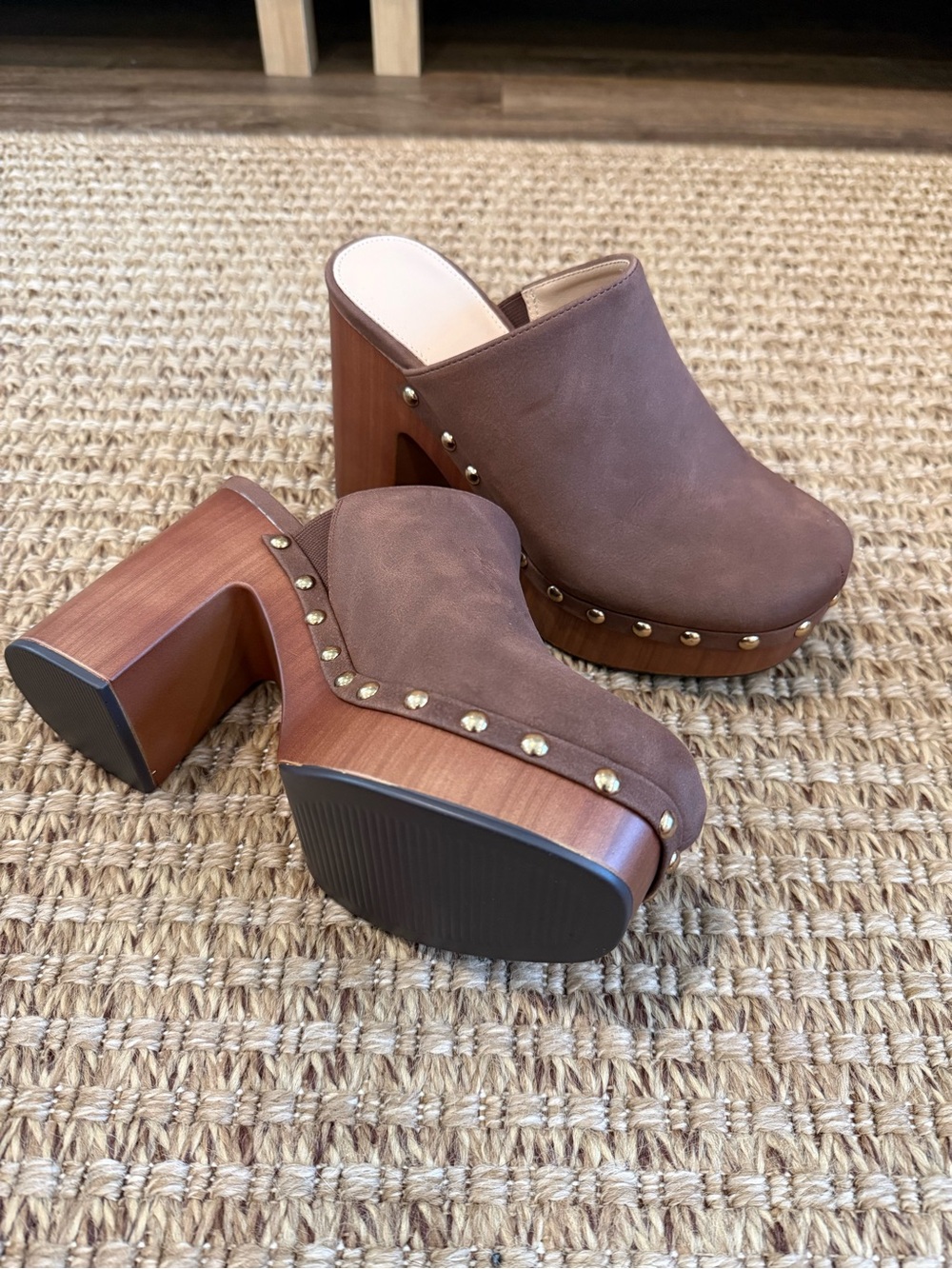 Brown Suede Platform Clogs with Studded Trim - Women